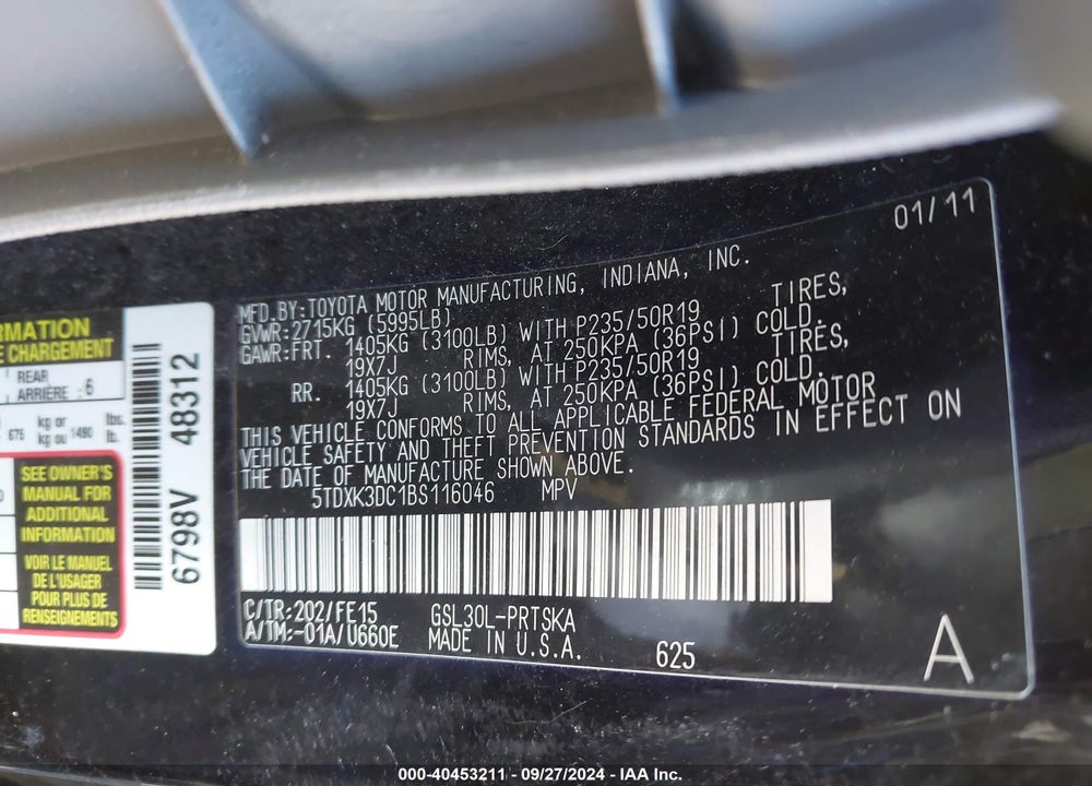 2011 TOYOTA SIENNA SE VIN: 5TDXK3DC1BS116046