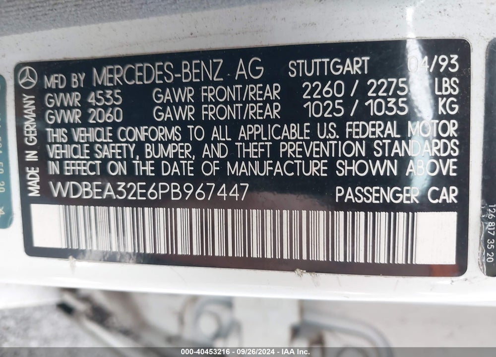 1993 MERCEDES-BENZ 300 E VIN: WDBEA32E6PB967447