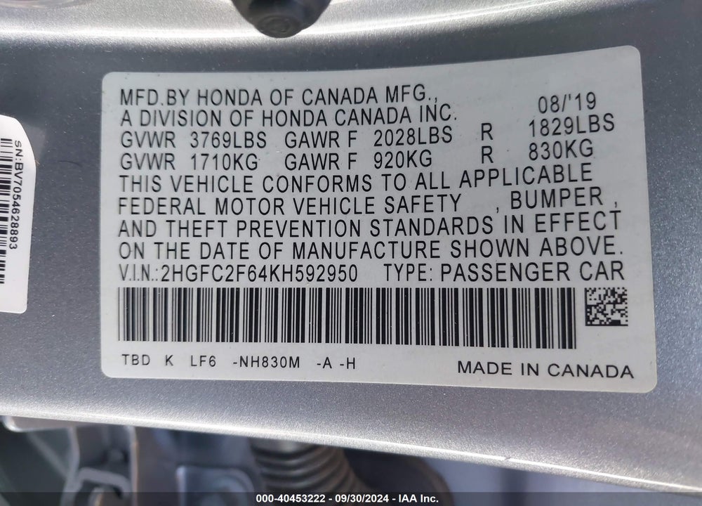 2019 HONDA CIVIC LX VIN: 2HGFC2F64KH592950