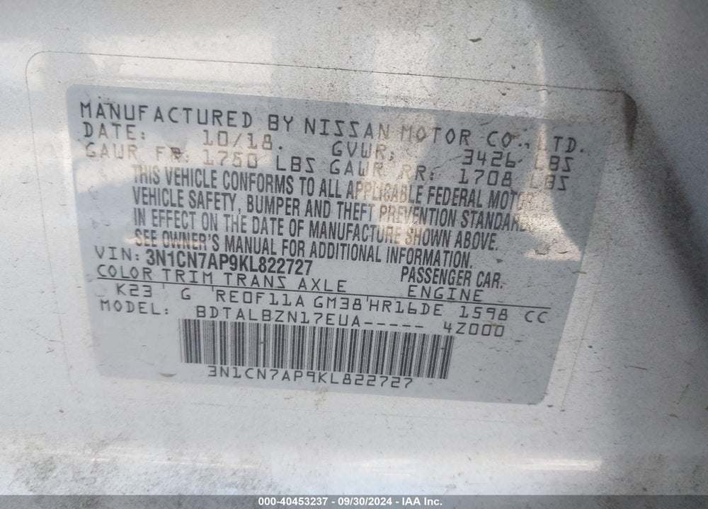 2019 NISSAN VERSA 1.6 SV VIN: 3N1CN7AP9KL822727