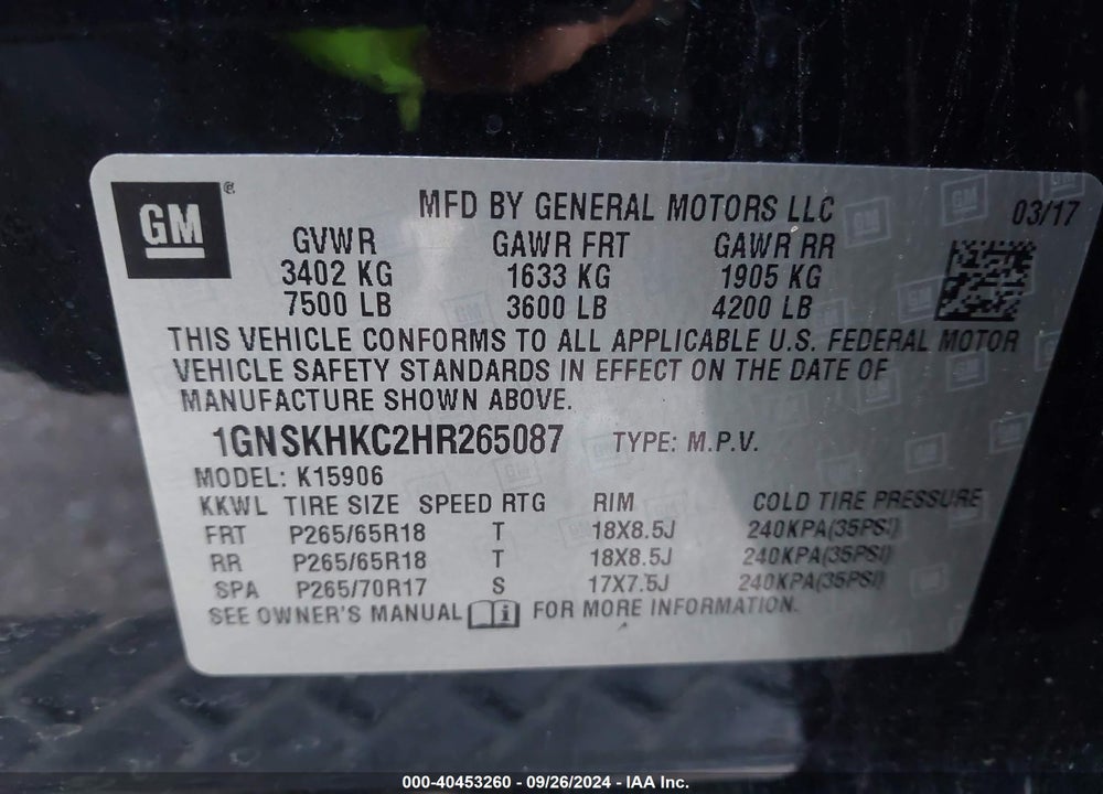 2017 CHEVROLET SUBURBAN LT VIN: 1GNSKHKC2HR265087