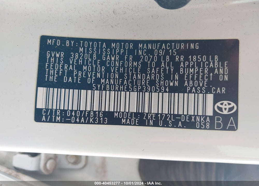 2016 TOYOTA COROLLA LE VIN: 5YFBURHE5GP390594