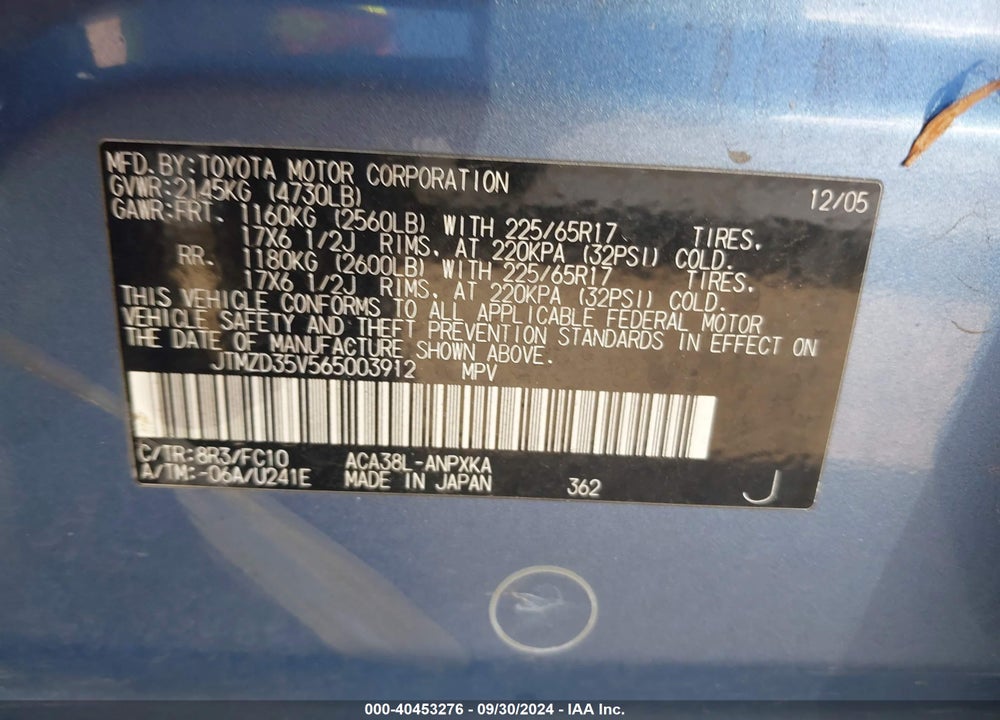 2006 TOYOTA RAV4 VIN: JTMZD35V565003912