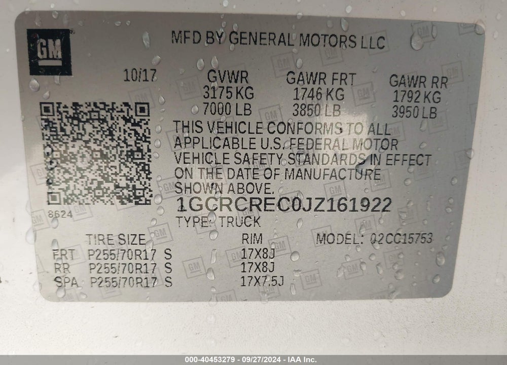 2018 CHEVROLET SILVERADO 1500 1LT VIN: 1GCRCREC0JZ161922