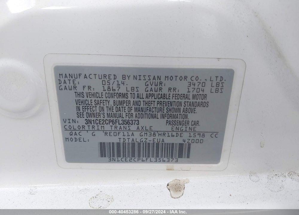 2015 NISSAN VERSA NOTE SR VIN: 3N1CE2CP6FL356373