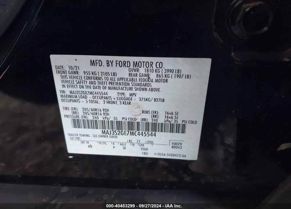 2021 FORD ECOSPORT VIN: MAJ3S2GE7MC445544