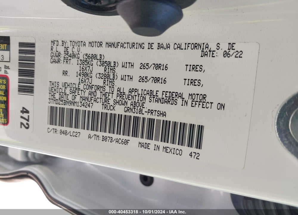 2022 TOYOTA TACOMA TRD OFF ROAD VIN: 3TMDZ5BN9NM134247