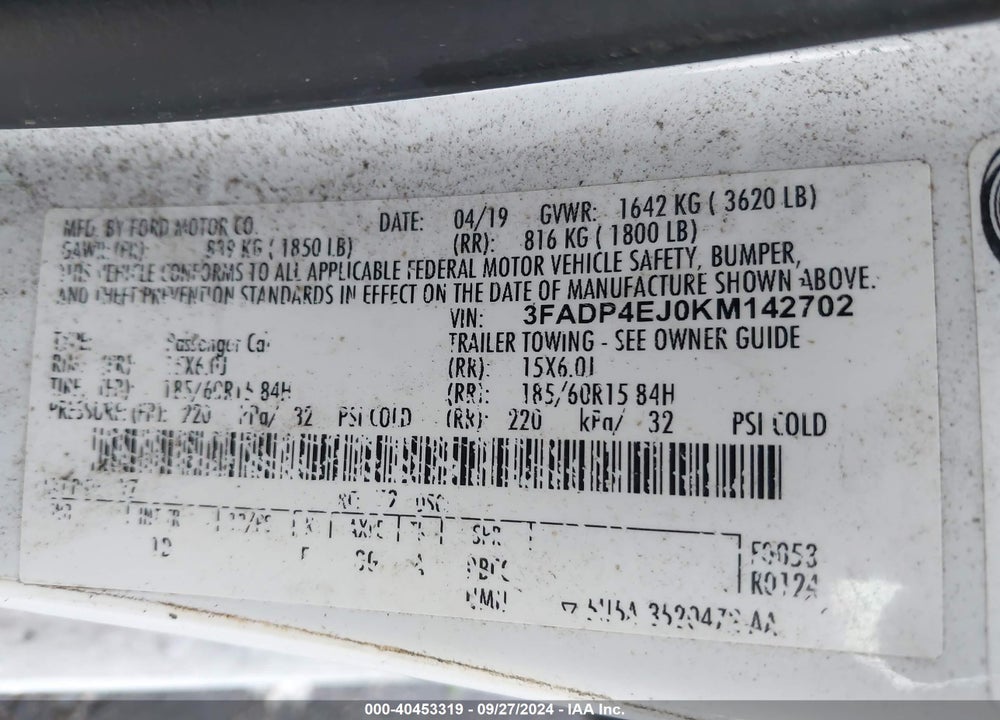 2019 FORD FIESTA SE VIN: 3FADP4EJ0KM142702