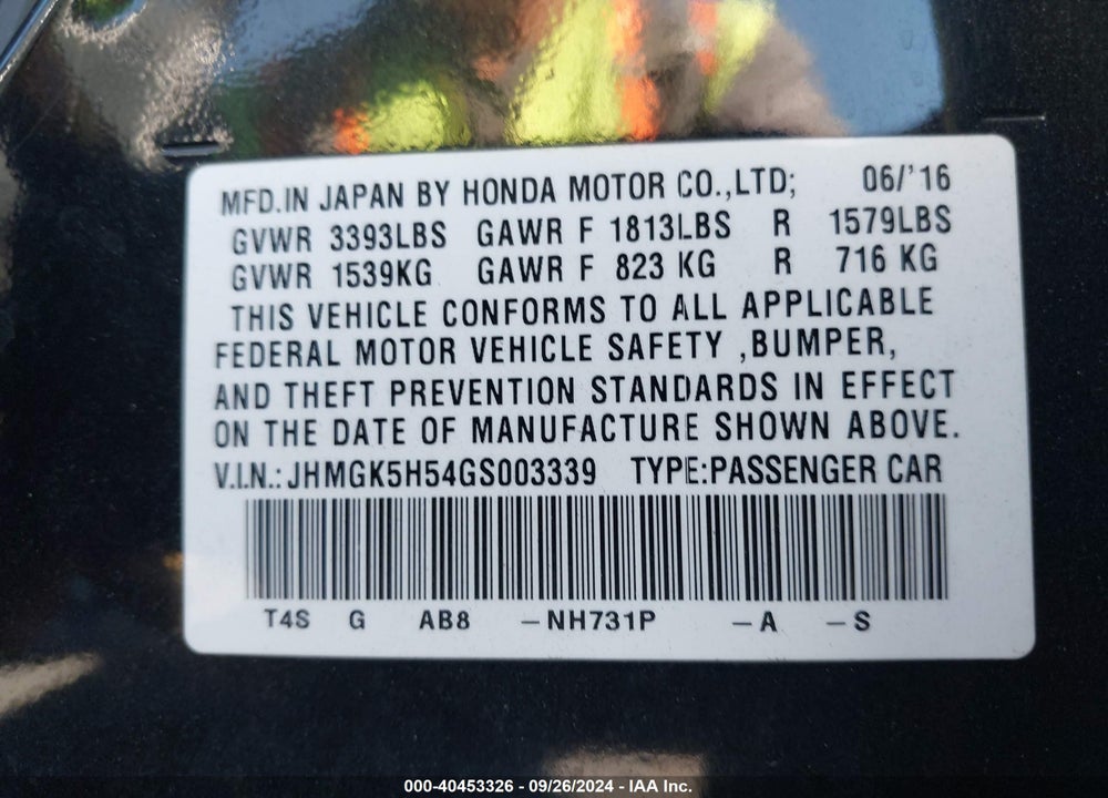 2016 HONDA FIT LX VIN: JHMGK5H54GS003339