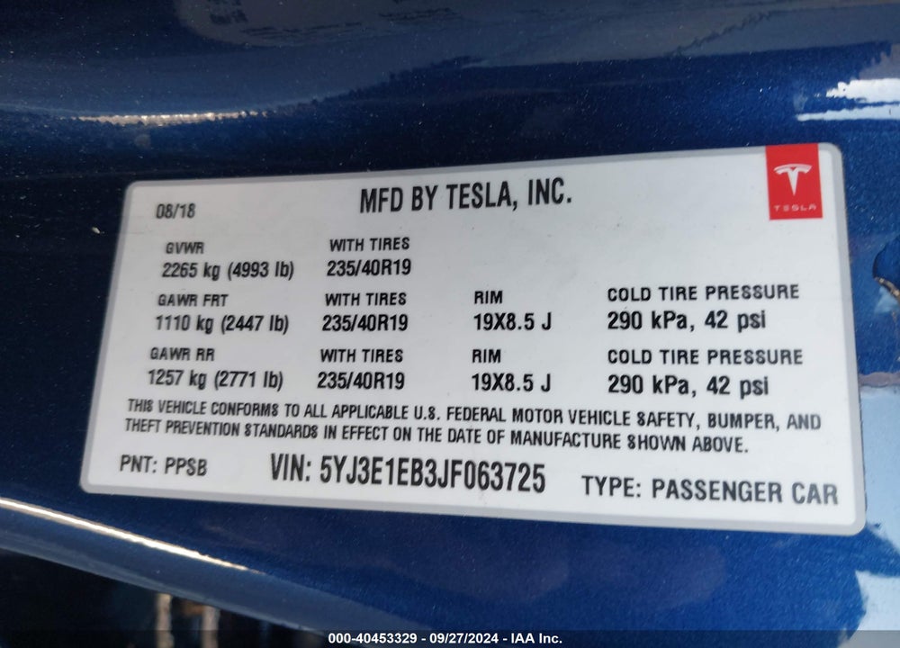 2018 TESLA MODEL 3 LONG RANGE/PERFORMANCE VIN: 5YJ3E1EB3JF063725