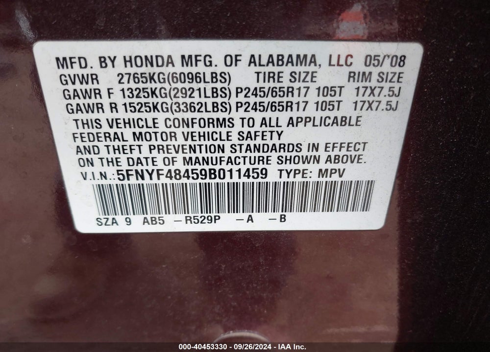2009 HONDA PILOT EX VIN: 5FNYF48459B011459