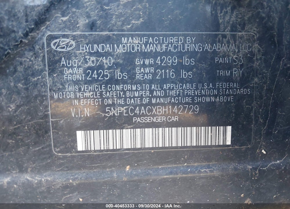 2011 HYUNDAI SONATA SE VIN: 5NPEC4ACXBH142729