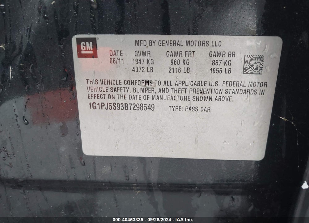 2011 CHEVROLET CRUZE ECO VIN: 1G1PJ5S93B7298549