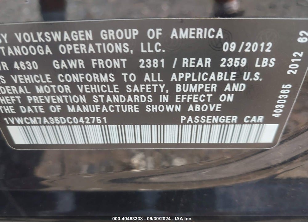 2013 VOLKSWAGEN PASSAT 3.6L V6 SEL PREMIUM VIN: 1VWCM7A35DC042751