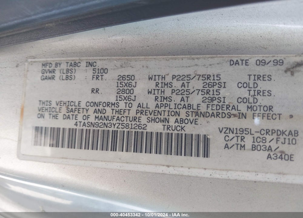 2000 TOYOTA TACOMA PRERUNNER V6 VIN: 4TASN92N3YZ581262