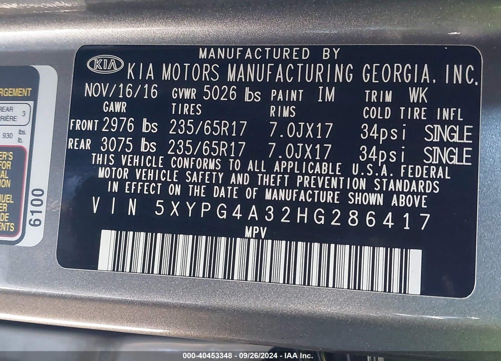 2017 KIA SORENTO 2.4L L VIN: 5XYPG4A32HG286417
