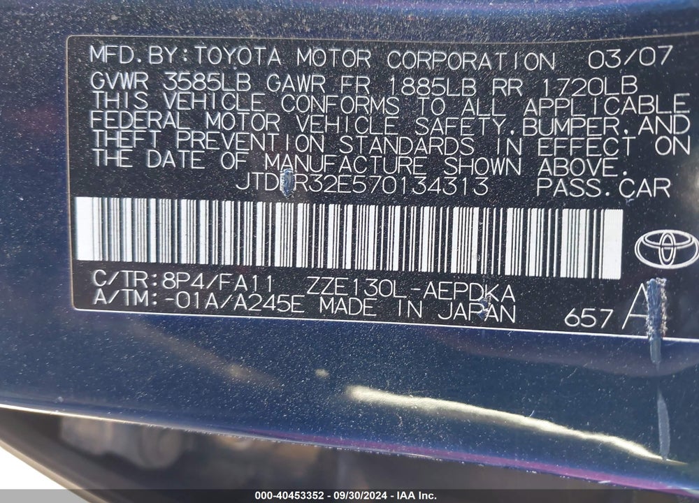 2007 TOYOTA COROLLA CE VIN: JTDBR32E570134313