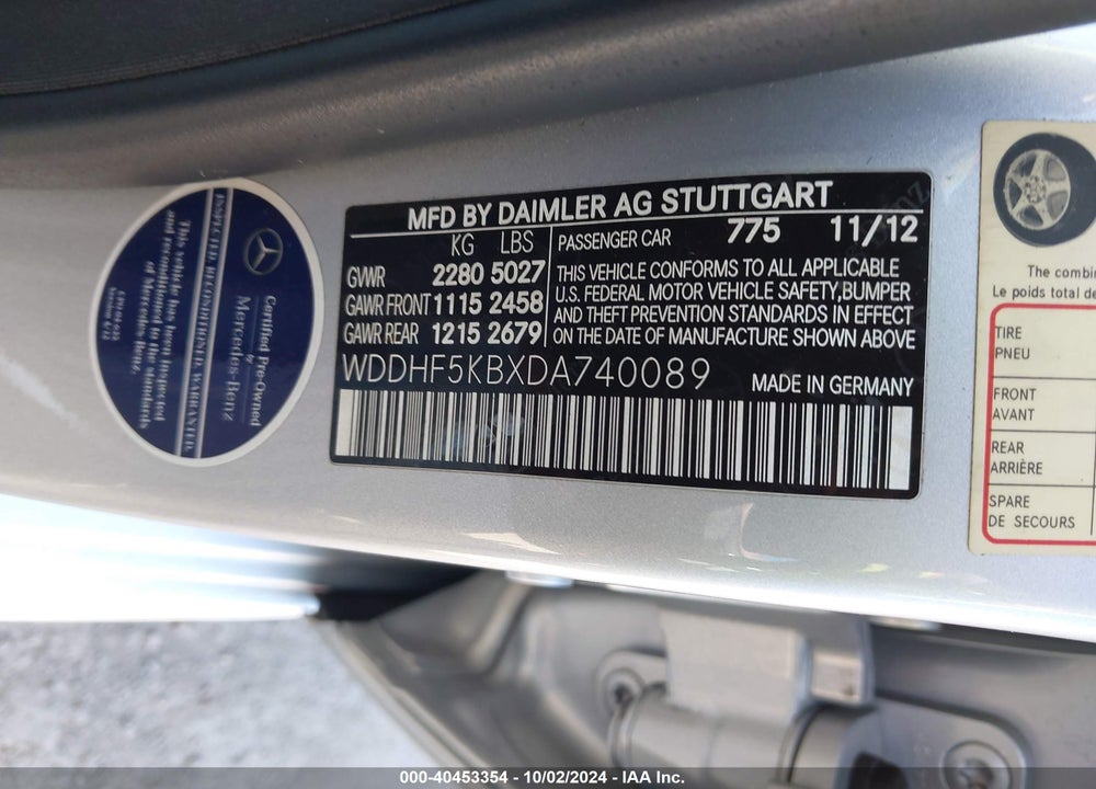 2013 MERCEDES-BENZ E 350 VIN: WDDHF5KBXDA740089
