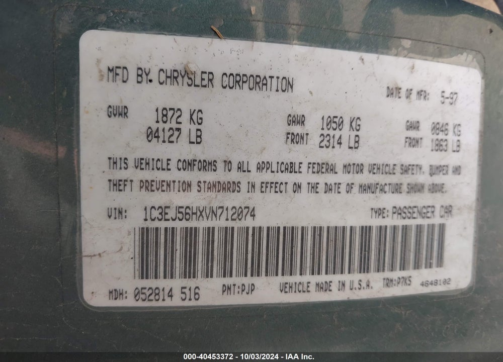 1997 CHRYSLER CIRRUS LX VIN: 1C3EJ56HXVN712074