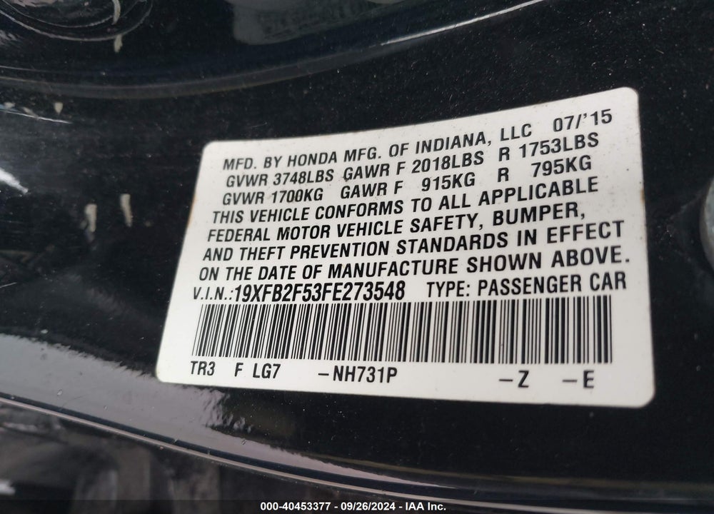 2015 HONDA CIVIC LX VIN: 19XFB2F53FE273548