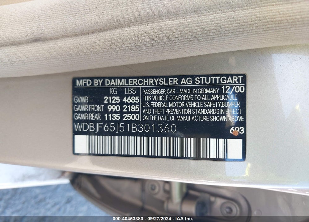 2001 MERCEDES-BENZ E 320 VIN: WDBJF65J51B301360