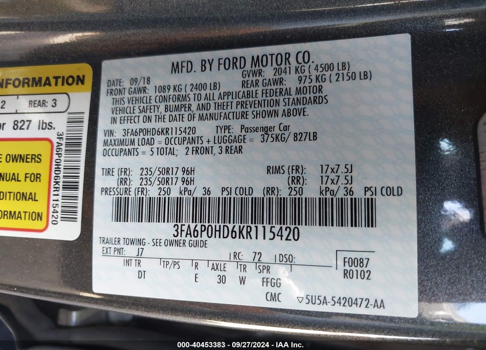 2019 FORD FUSION SE VIN: 3FA6P0HD6KR115420