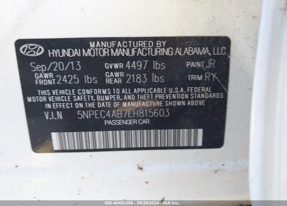 2014 HYUNDAI SONATA SE 2.0T VIN: 5NPEC4AB7EH815603