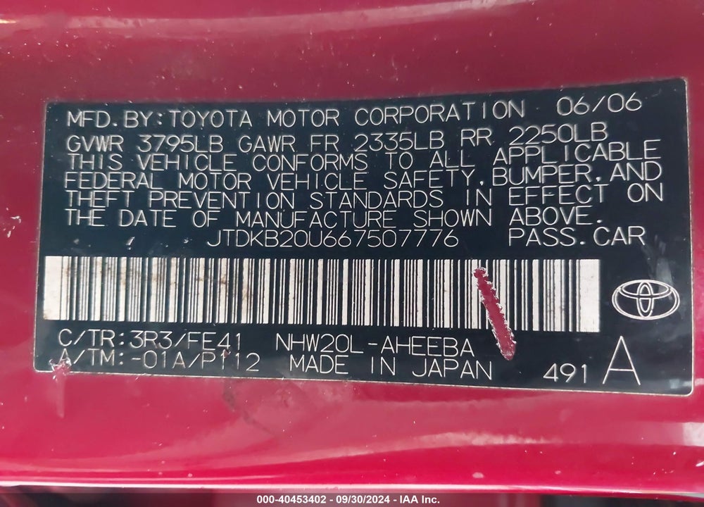 2006 TOYOTA PRIUS VIN: JTDKB20U667507776