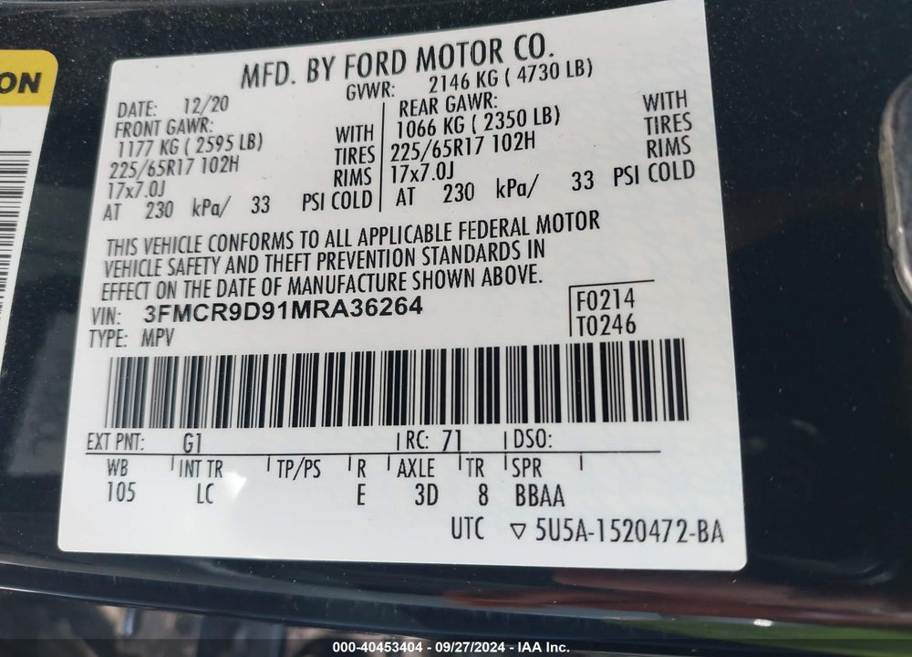 2021 FORD BRONCO SPORT VIN: 3FMCR9D91MRA36264