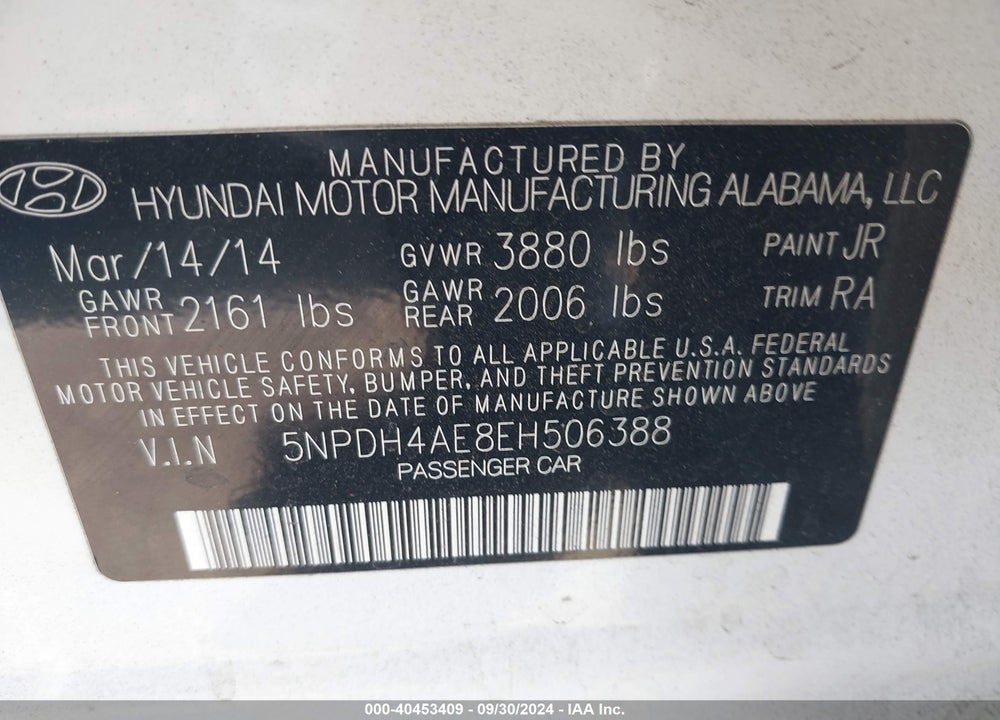 2014 HYUNDAI ELANTRA SE VIN: 5NPDH4AE8EH506388