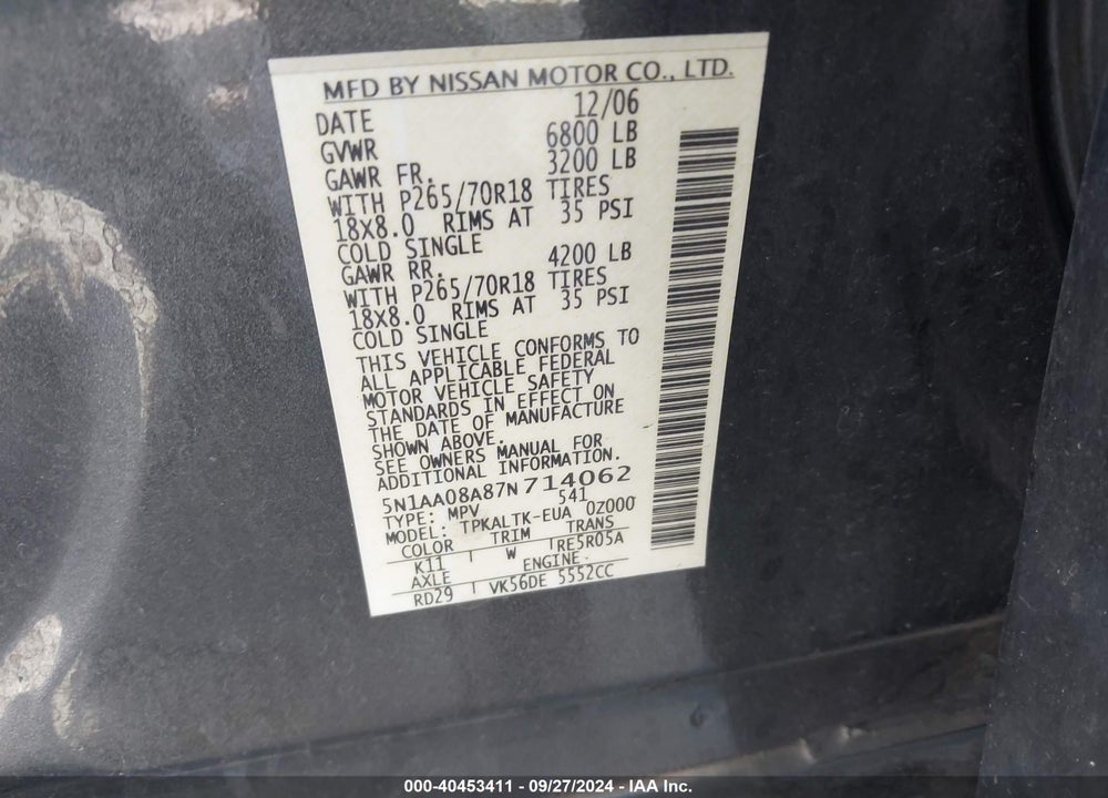 2007 NISSAN ARMADA SE VIN: 5N1AA08A87N714062