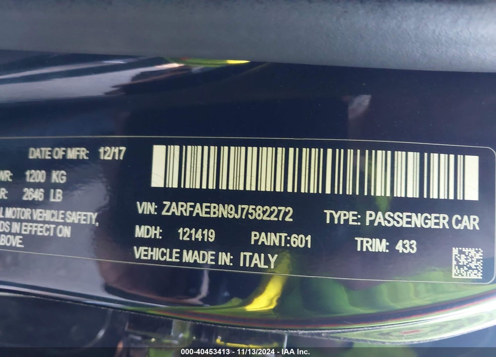 2018 ALFA ROMEO GIULIA RWD VIN: ZARFAEBN9J7582272