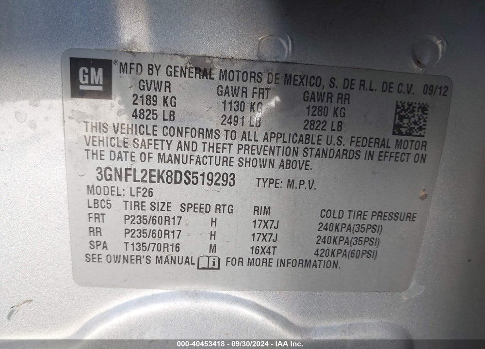 2013 CHEVROLET CAPTIVA SPORT 2LS VIN: 3GNFL2EK8DS519293