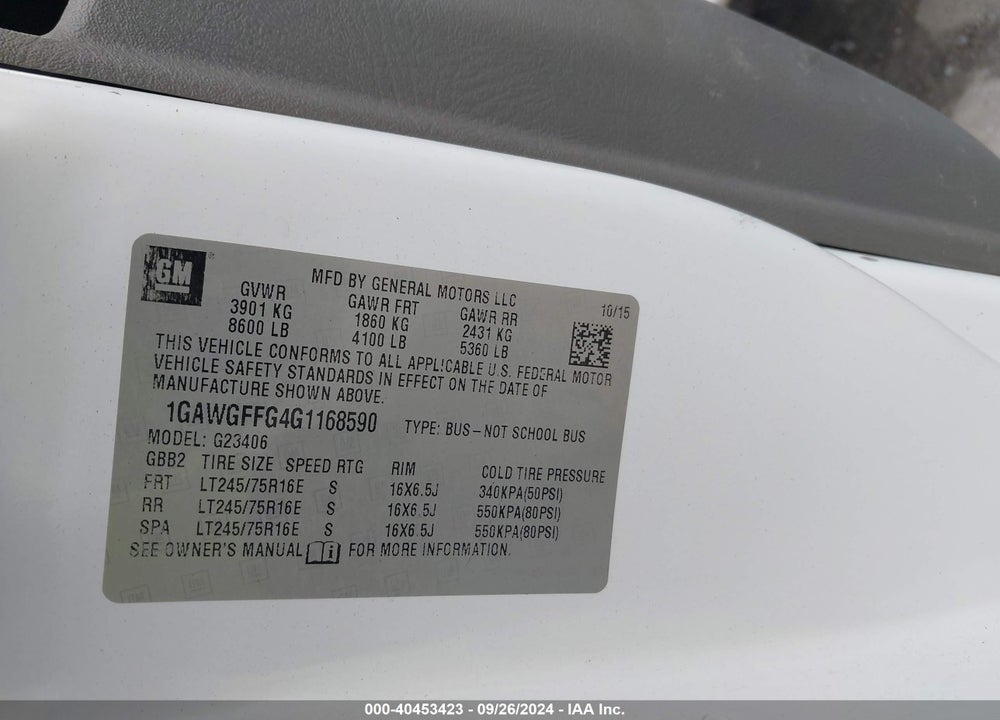 2016 CHEVROLET EXPRESS 2500 VIN: 1GAWGFFG4G1168590