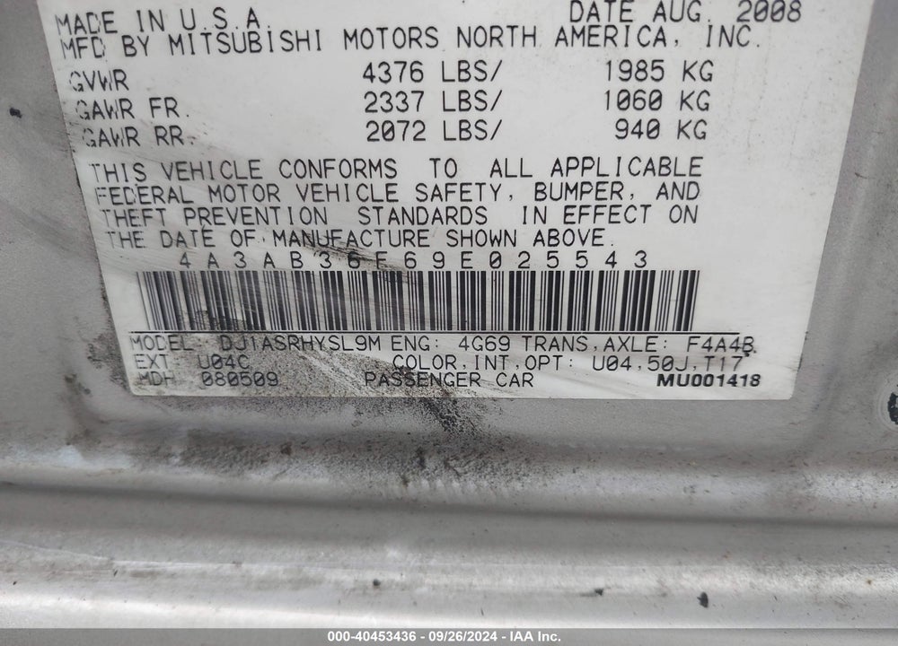 2009 MITSUBISHI GALANT ES/SPORT EDITION VIN: 4A3AB36F69E025543
