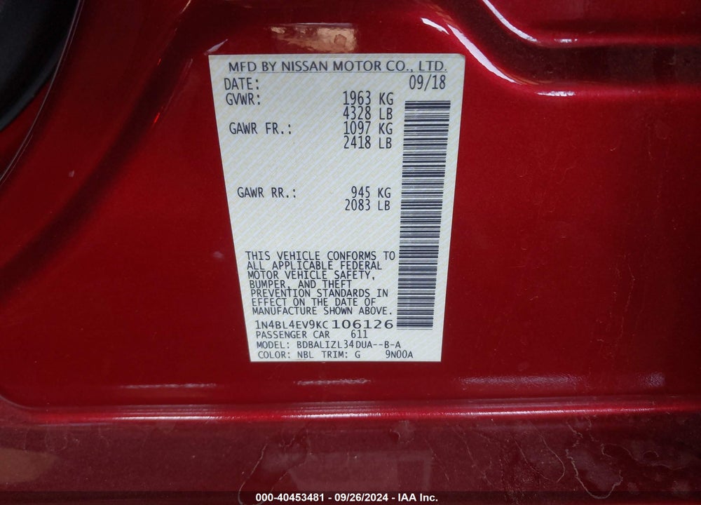 2019 NISSAN ALTIMA 2.5 SL VIN: 1N4BL4EV9KC106126