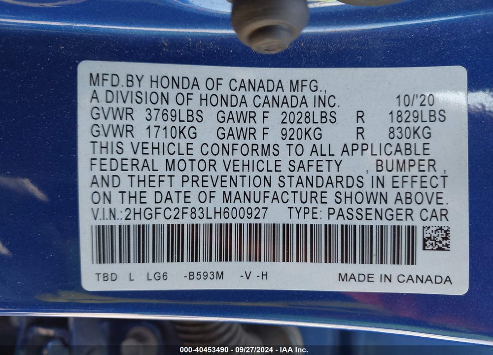 2020 HONDA CIVIC SPORT VIN: 2HGFC2F83LH600927