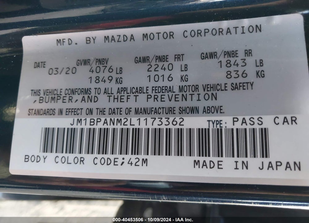 2020 MAZDA 3 PREMIUM PACKAGE VIN: JM1BPANM2L1173362