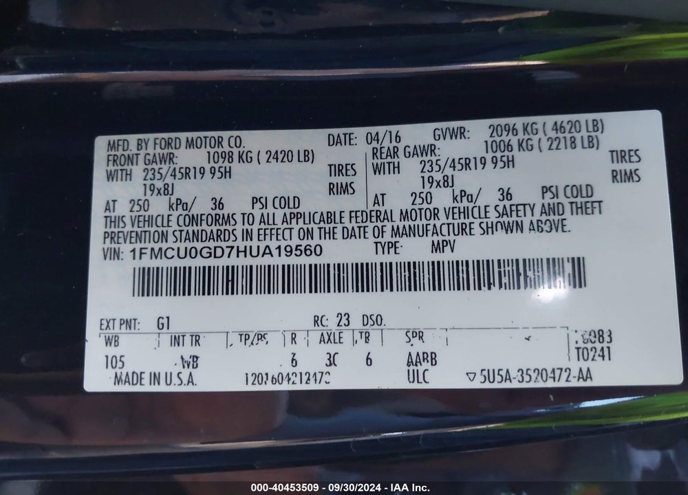 2017 FORD ESCAPE SE VIN: 1FMCU0GD7HUA19560