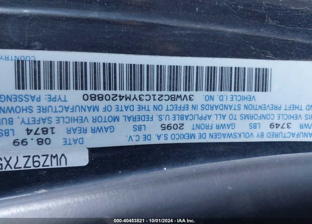 2000 VOLKSWAGEN NEW BEETLE GL VIN: 3VWBC21C3YM420880