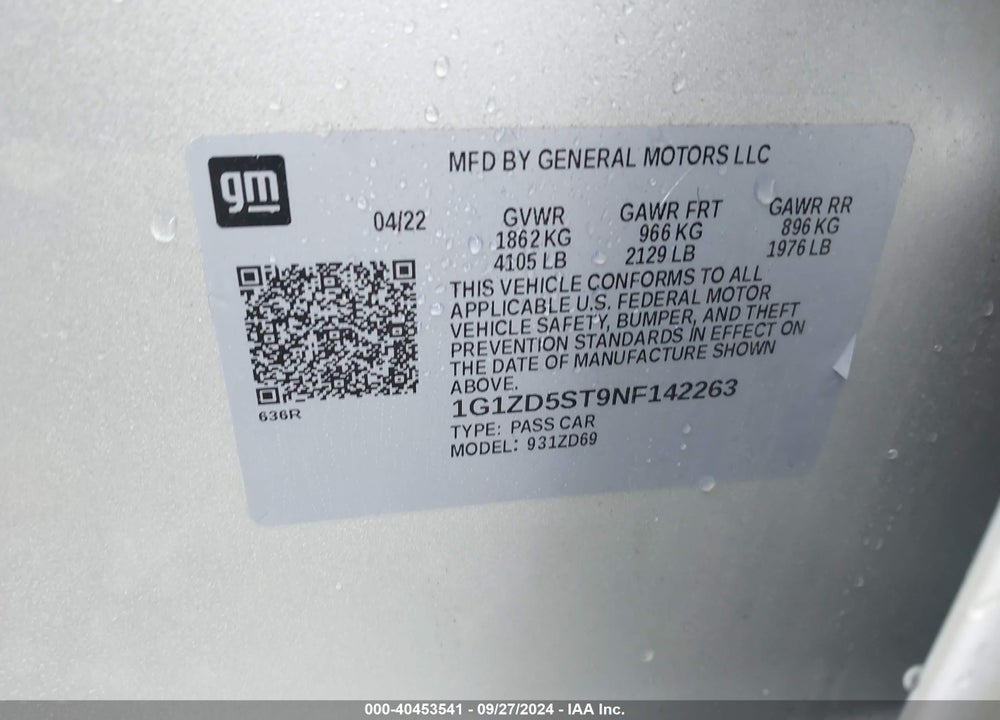 2022 CHEVROLET MALIBU FWD LT VIN: 1G1ZD5ST9NF142263