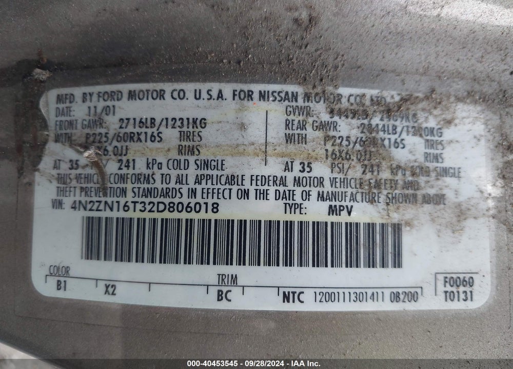 2002 NISSAN QUEST SE VIN: 4N2ZN16T32D806018