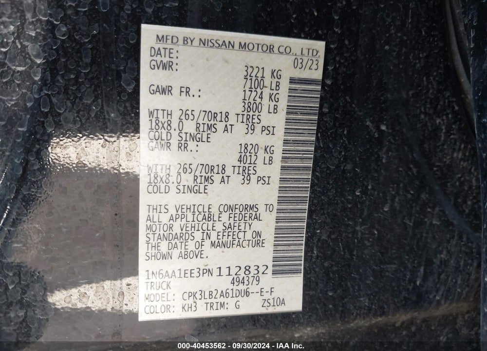 2023 NISSAN TITAN SV 4X2 VIN: 1N6AA1EE3PN112832