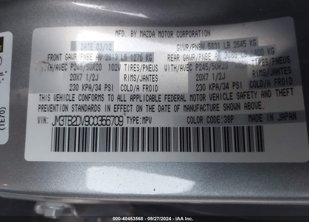 2012 MAZDA CX-9 GRAND TOURING VIN: JM3TB2DV9C0356709