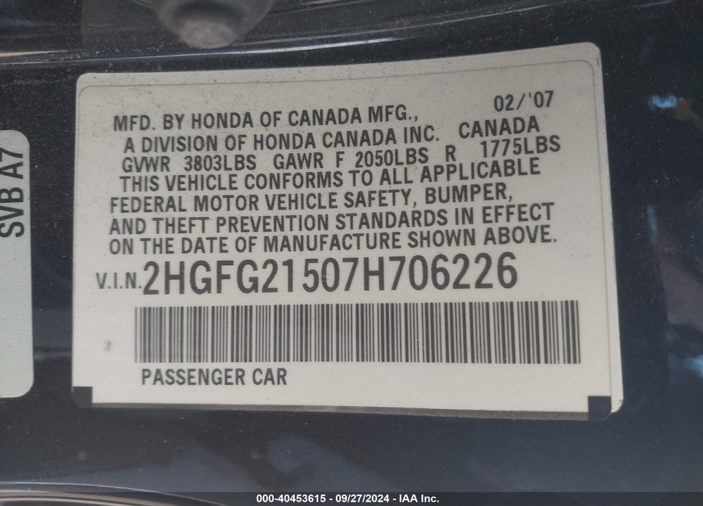 2007 HONDA CIVIC SI VIN: 2HGFG21507H706226