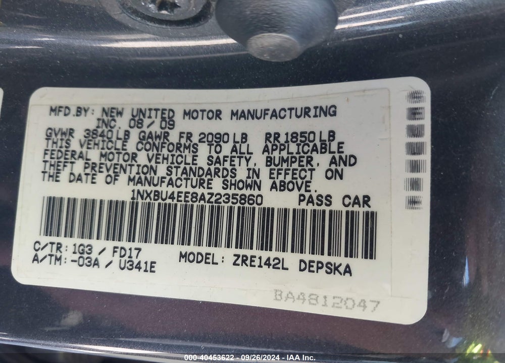 2010 TOYOTA COROLLA VIN: 1NXBU4EE8AZ235860