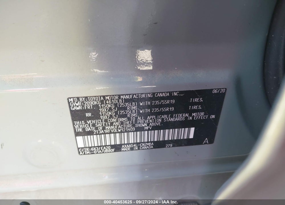 2020 TOYOTA RAV4 XLE PREMIUM VIN: 2T3A1RFV0LW121409