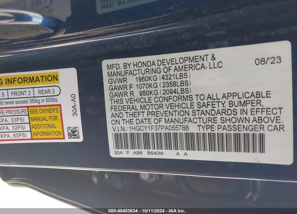 2023 HONDA ACCORD EX VIN: 1HGCY1F37PA055788