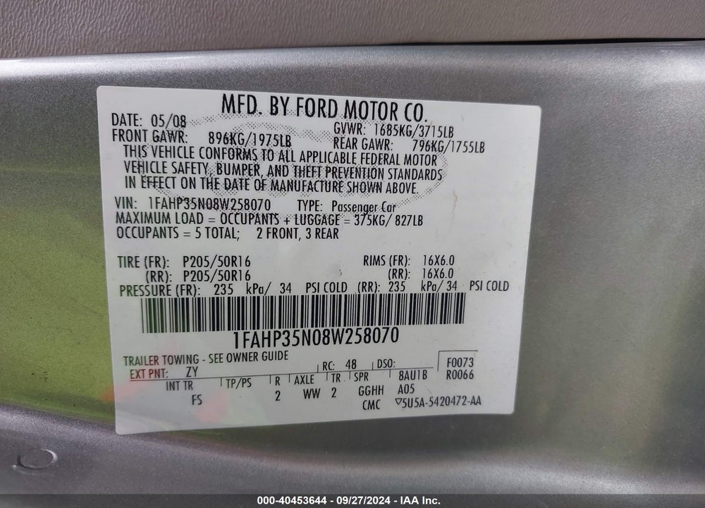 2008 FORD FOCUS SE/SES VIN: 1FAHP35N08W258070