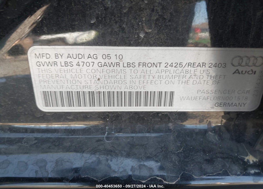 2011 AUDI A4 2.0T PREMIUM VIN: WAUEFAFL0BN001518